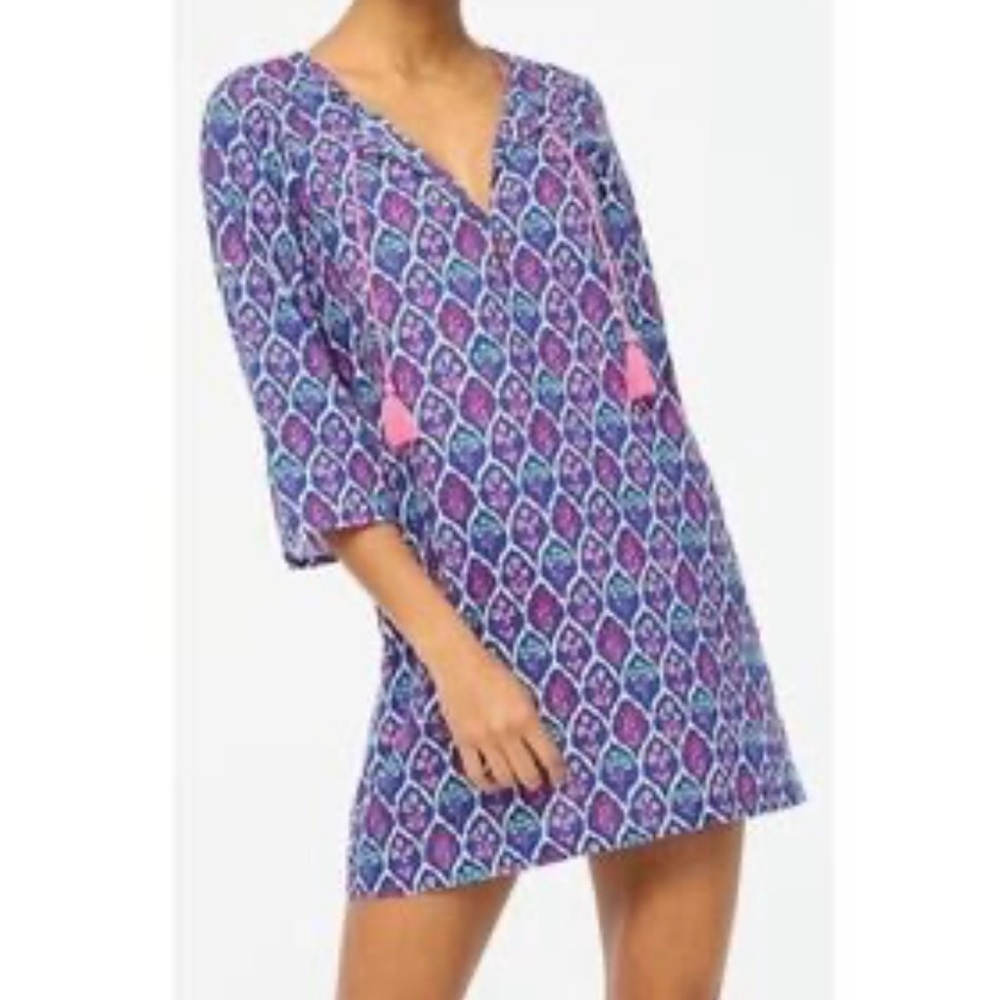 J Crew Swim Cover Up Tunic Size S Cotton Lightweight 3/4 Sleeve Blue Floral - Picture 7 of 12